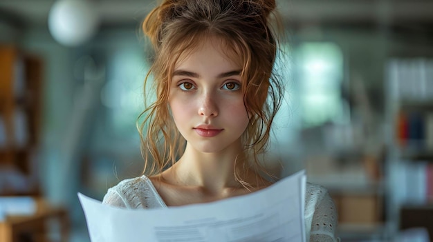 Portrait of beautiful young woman in casual clothes holding papers in cafe