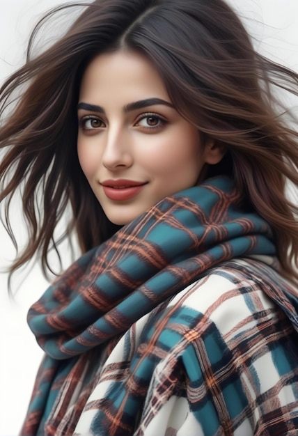 Portrait of a beautiful young woman in a checkered scarf