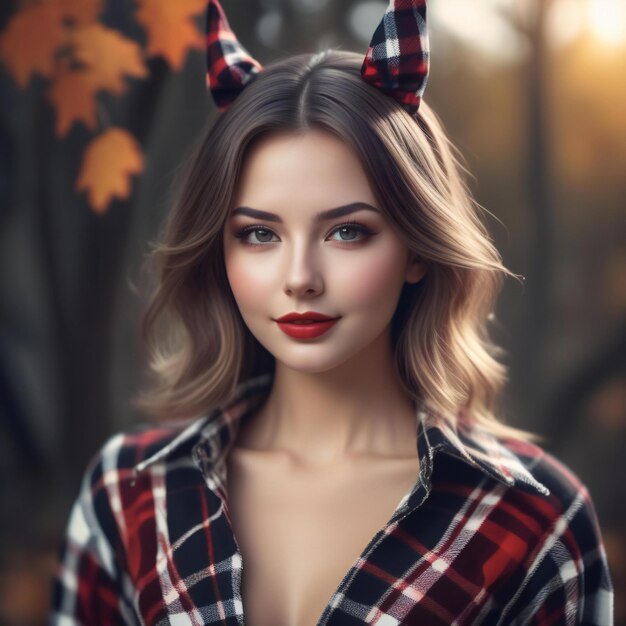 Portrait of a beautiful young woman in a checkered shirt in the autumn forest