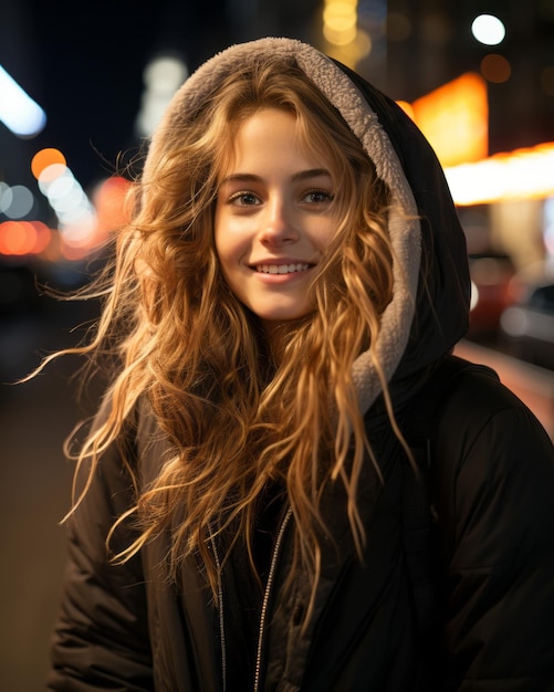 portrait of a beautiful young woman in the city at night stock photo