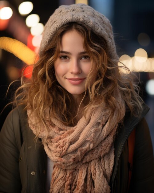 portrait of a beautiful young woman in the city at night stock photo