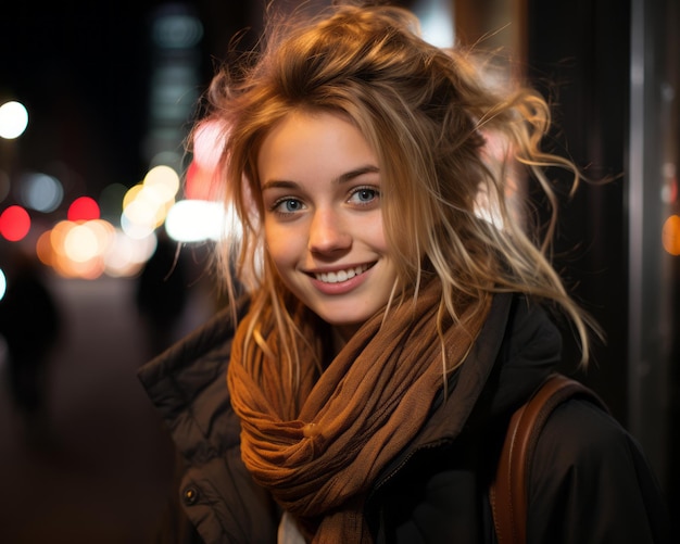 portrait of a beautiful young woman in the city at night