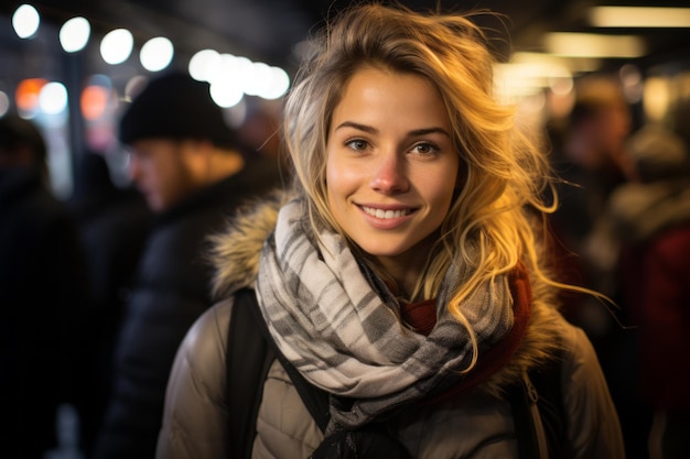portrait of a beautiful young woman in the city at night