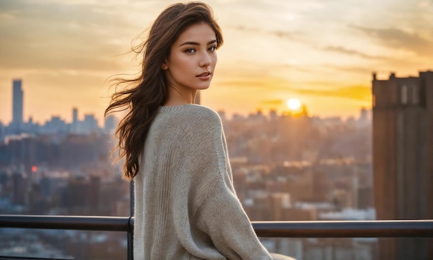 Портрет красивой молодой женщины в городе на закате