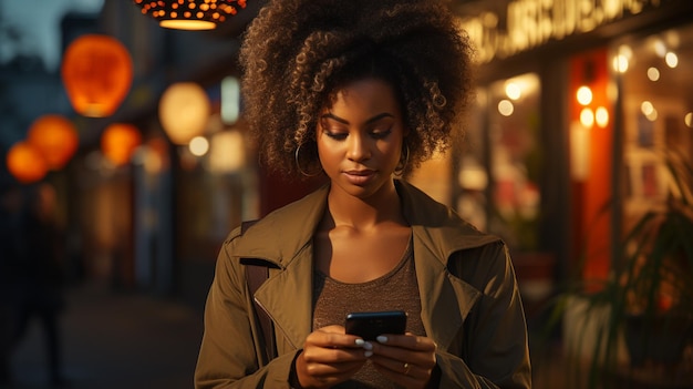 Portrait of beautiful young woman in a city at sunset with a mobile phone in backgroundgenerative ai