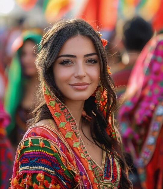 色鮮やかな伝統的なドレスを着た美しい若い女性の肖像画