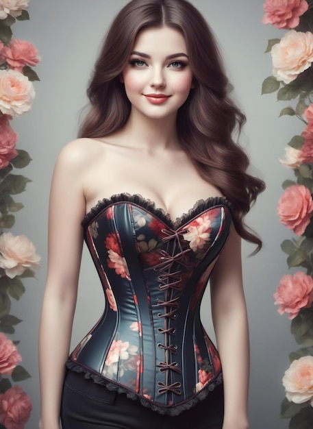 Portrait of a beautiful young woman in corset over flowers background