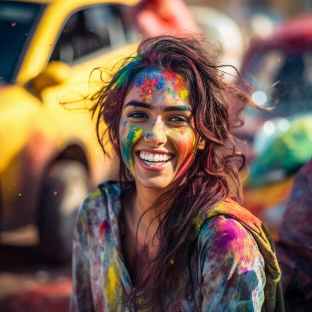 Portrait of a beautiful young woman covered with multicolored powder