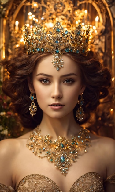 Portrait of beautiful young woman in crown Luxury makeup and hairstyle ai generative