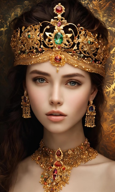 皇冠をかぶった美しい若い女性の肖像画 豪華なメイクアップとヘアスタイル