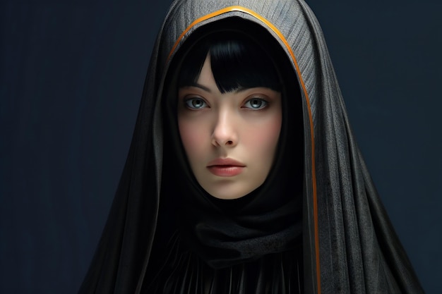 Portrait of a beautiful young woman in death costume on dark background