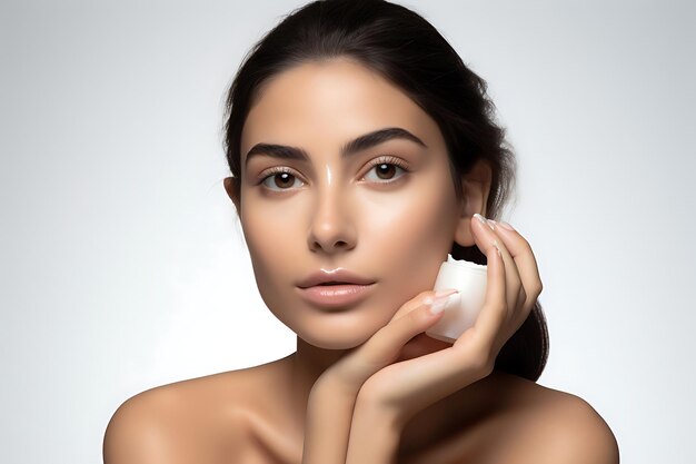 Portrait of a beautiful young woman doing skin care on studio background