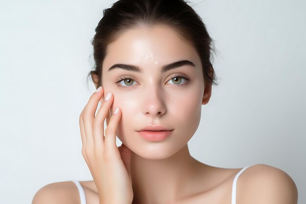 Portrait of a beautiful young woman doing skin care on studio background