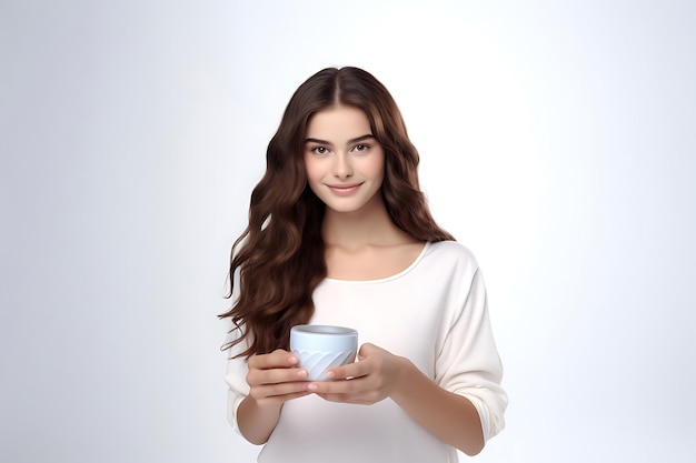 Portrait of a beautiful young woman doing skin care on studio background