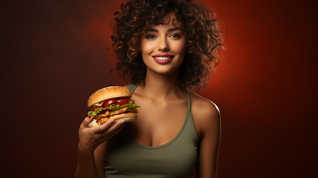 Photo portrait of beautiful young woman eating hamburger