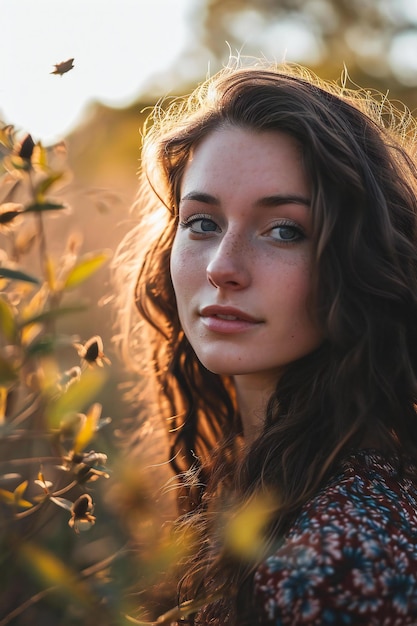 Portrait of a beautiful young woman in a field at sunset