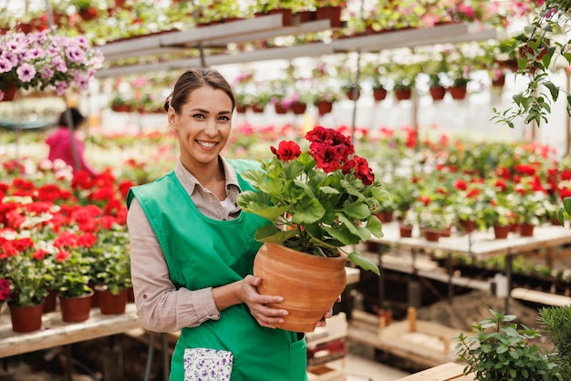 Portrait of a beautiful young woman florist holding flower pot in a garden center. Woman entrepreneur looking at camera.