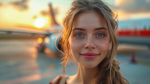 Portrait of a beautiful young woman in front of an airplane at sunset