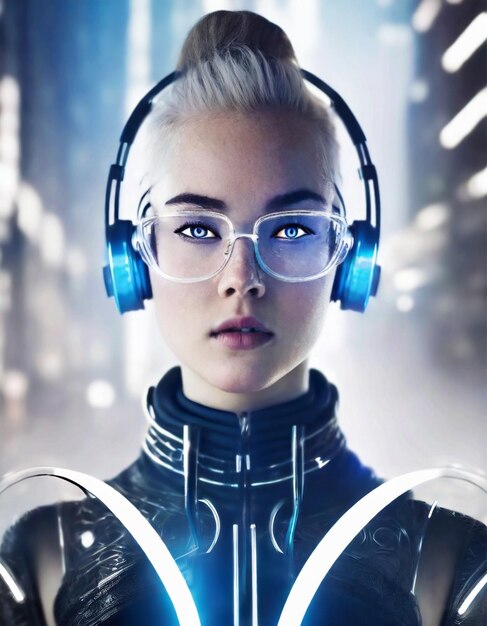 Photo portrait of a beautiful young woman in futuristic glasses and headphones