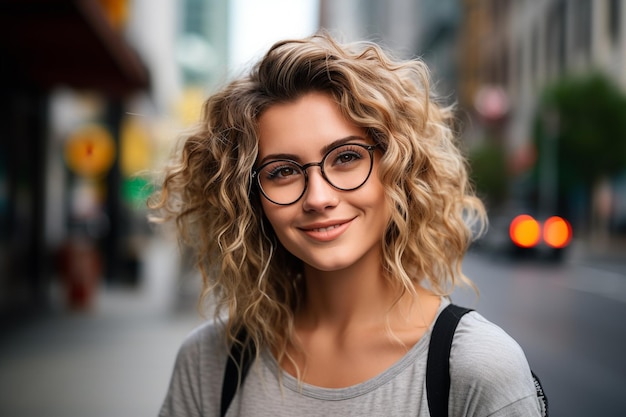 Portrait of a beautiful young woman in glasses on a city street