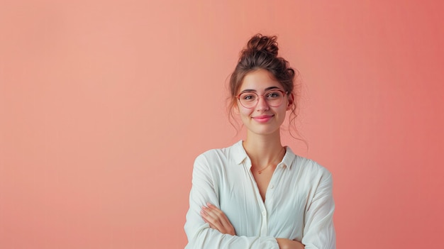 Portrait of a beautiful young woman in glasses on a pink background