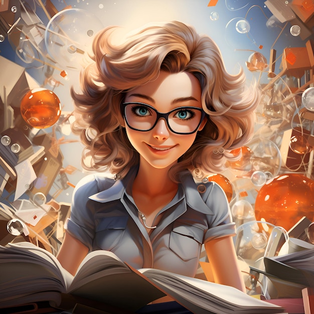 Portrait of beautiful young woman in glasses reading a book 3D rendering