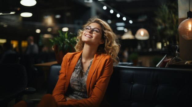 Portrait of a beautiful young woman in glasses sitting in office and relax