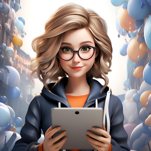 Portrait of a beautiful young woman in glasses with a tablet