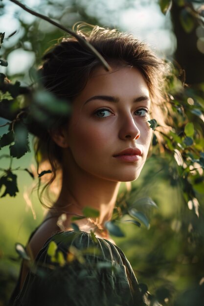 Photo portrait of beautiful young woman in green dress in the forest