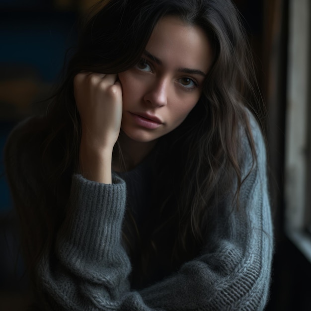 portrait of a beautiful young woman in a grey sweater