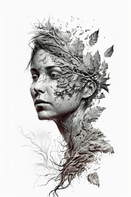 Portrait of beautiful young woman in harmony with nature illustration of young woman modern art