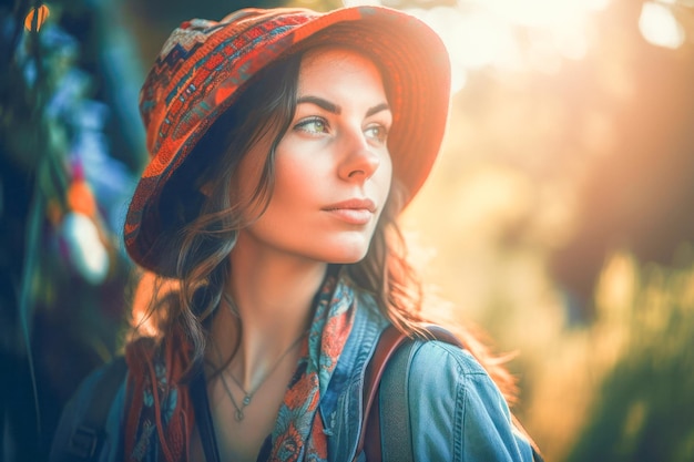 Portrait of a beautiful young woman in a hat at sunset Created with generative AI tools