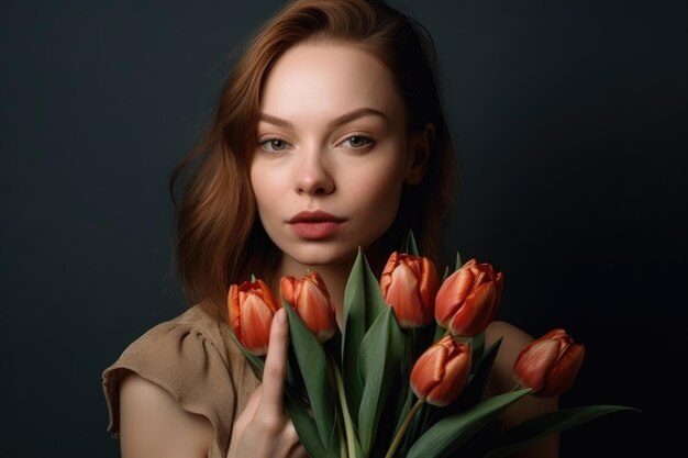 Portrait of a beautiful young woman holding a bunch of tulips created with generative ai