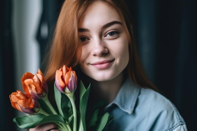 Portrait of a beautiful young woman holding a bunch of tulips created with generative ai