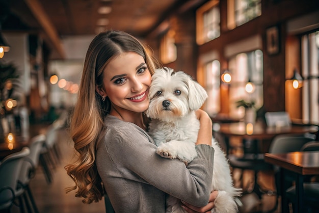 Photo portrait of beautiful young woman holding her dog in hands cute white dog in arms of loving girl