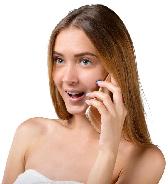 Portrait of beautiful young woman holding smartphone