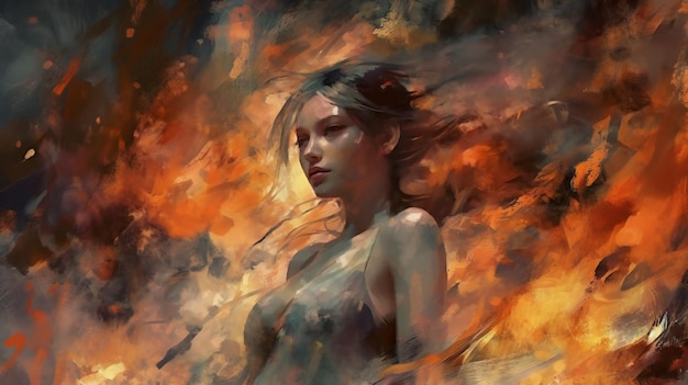 Photo portrait of a beautiful young woman in the image of flames