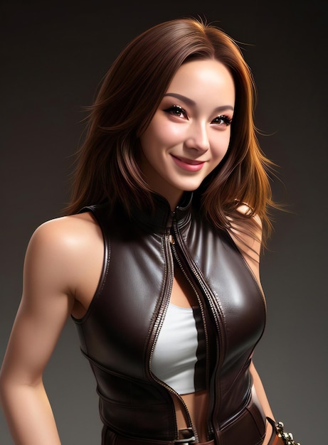 Portrait of a beautiful young woman in leather jacket on dark background