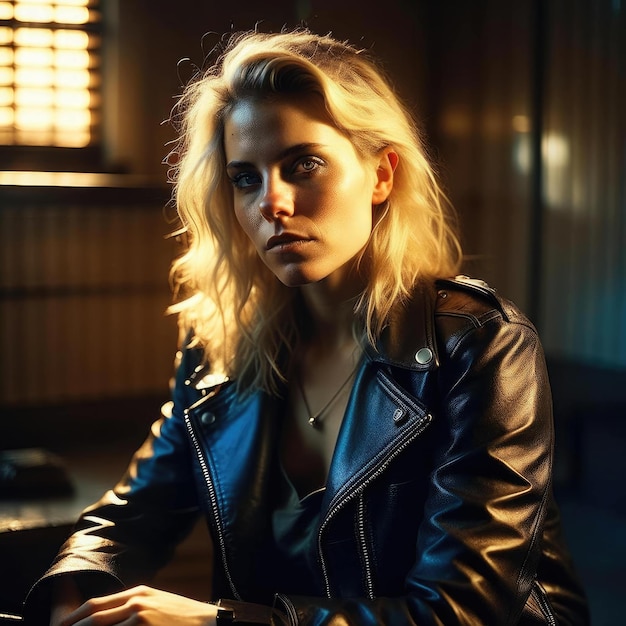 Portrait of a beautiful young woman in a leather jacket sitting in a cafe