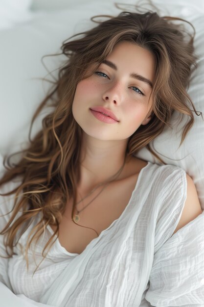 침대에 누워 있는 아름다운 젊은 여성의 초상화