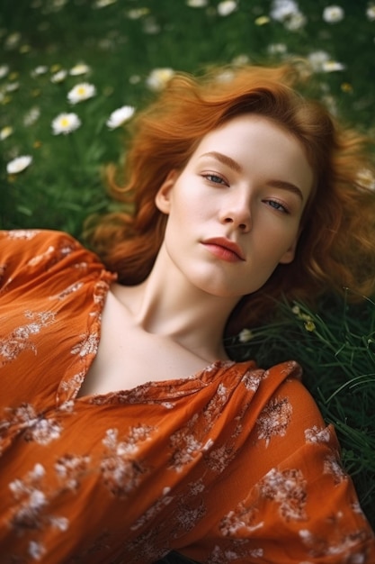 Портрет красивой молодой женщины, лежащей на траве на открытом воздухе