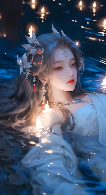 달빛 아래 물에 누워 있는 아름다운 젊은 여성의 초상화 애니메이션 만화 스타일 Ai 생성