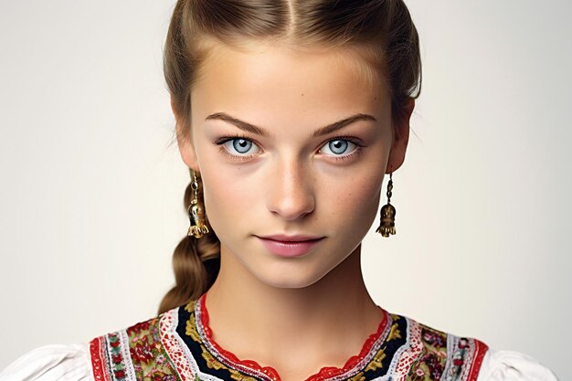 Foto ritratto di una bella giovane donna in abito nazionale in stile russo