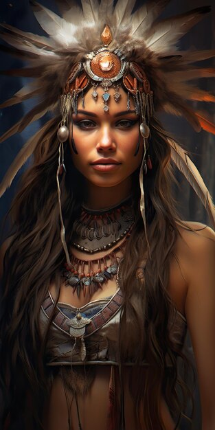 Портрет красивой молодой женщины в костюме коренных американцев