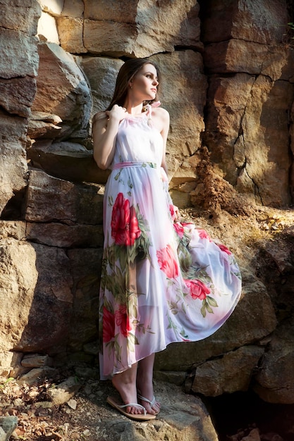 Portrait of a beautiful young woman on nature Girl in a long dress in the rocks