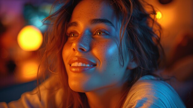 Portrait of a beautiful young woman in a nightclub with lights