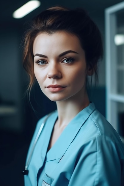 Portrait of beautiful young woman nurse in clinic Generative AI illustration