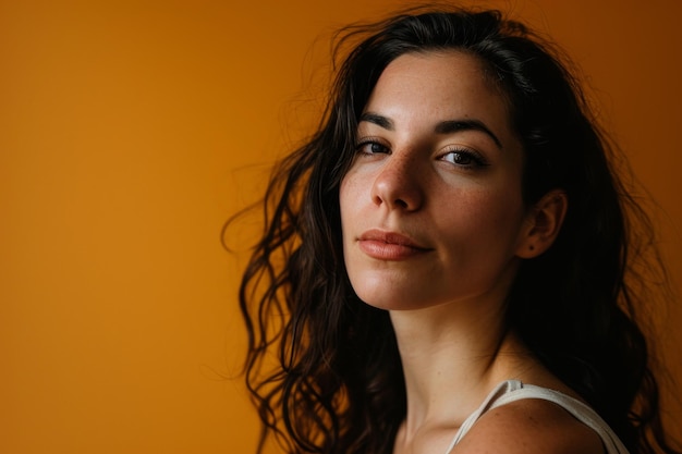 Portrait of a beautiful young woman on an orange background