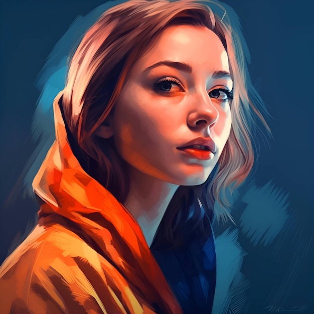 オレンジ色のレインコートを着た美しい若い女性の肖像画