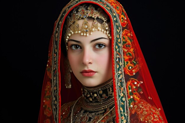 Portrait of beautiful young woman in oriental costume on black background